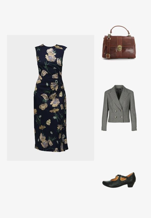 Grå dobbeltbrystet blazer i en pinstripe-mønster, med en notch krave, to frontlommer og sølvknapper.; Ærmeløs, figursyet midikjole i mørkeblå med gult og grønt blomsterprint, sideslids detalje og rund halsudskæring.; Sort lædersko med rund tå, lav blokhæl og justerbar rem over vristen. Har et udskæringsdesign for åndbarhed.; Brun læderhandtaske med en struktureret design, kontrasterende syninger, messinglås, aftagelig strop og håndtag på toppen.