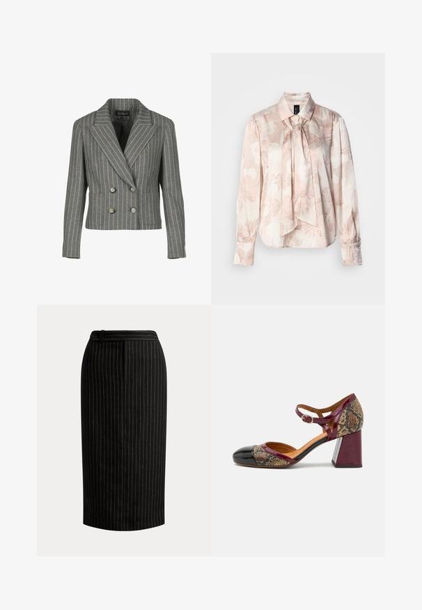 Grå dobbeltbrystet blazer i en pinstripe-mønster, med en notch krave, to frontlommer og sølvknapper.; Langærmet bluse i lyserødt stof med blomsterprint. Har krave og bindedetalje ved halsen, knapmanchetter og en afslappet pasform.; Sort knælængde blyantnederdel med tynde lodrette hvide nålestriber og en detaljeret linning med knapper.; Hæle sko med tå i sort laklæder, burgunder rem og tekstiloverdel i slangeskindsdesign; har en kraftig blokhæl.