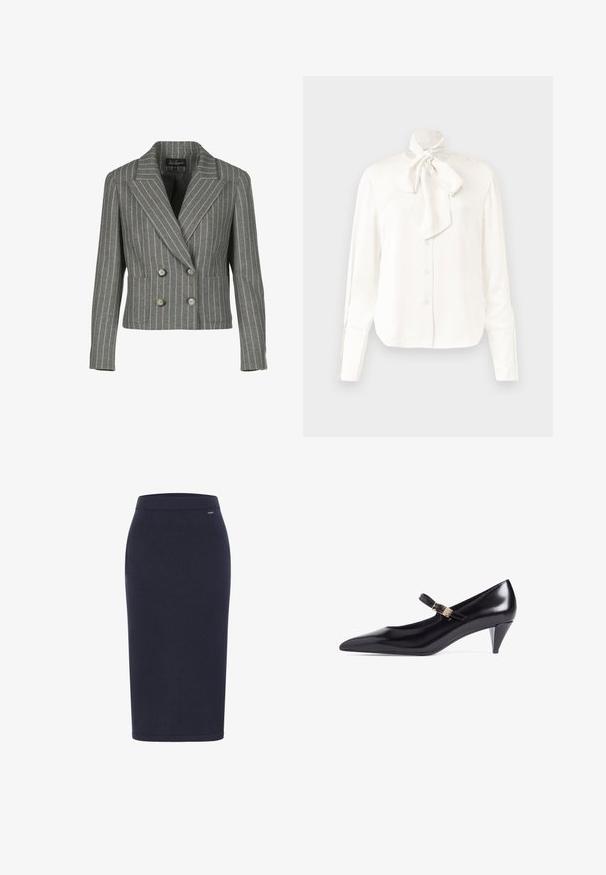 Grå dobbeltbrystet blazer i en pinstripe-mønster, med en notch krave, to frontlommer og sølvknapper.; Hvid langærmet bluse i et let materiale med høj krave og stort Sløjfedetalje ved halsen, der har en knappet front.; DreiMaster Pencil skirt - marine; Sort laklæder Mary Jane-pumps med spids snude, buet hæl og justerbar rem med spænde i guldfarve. Glat tekstur.