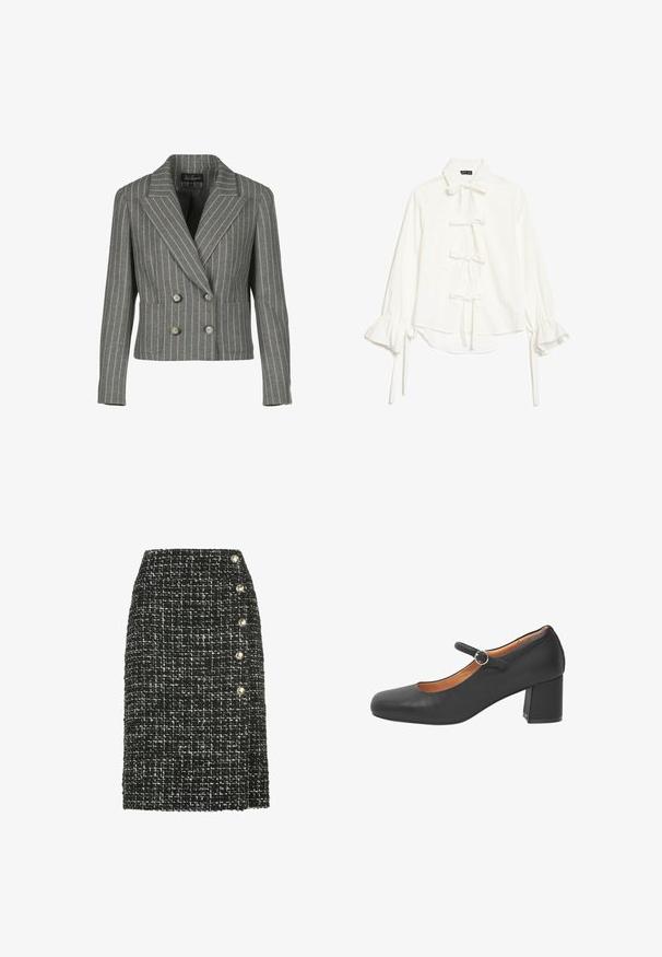 Grå dobbeltbrystet blazer i en pinstripe-mønster, med en notch krave, to frontlommer og sølvknapper.; Hvid bluse med lange, flæsekantede ærmer og fem knuder foran, med klassisk krave og let høj-lav kant.; Sort og hvid tweed-nederdel med lige snit, der har fem dekorative guldtonede knapper langs venstre side. Struktureret tekstur.; Sort Mary Jane-sko i læder med rundet spids, en rem med en rund metalspænde og en kraftig hæl. Glat tekstur.