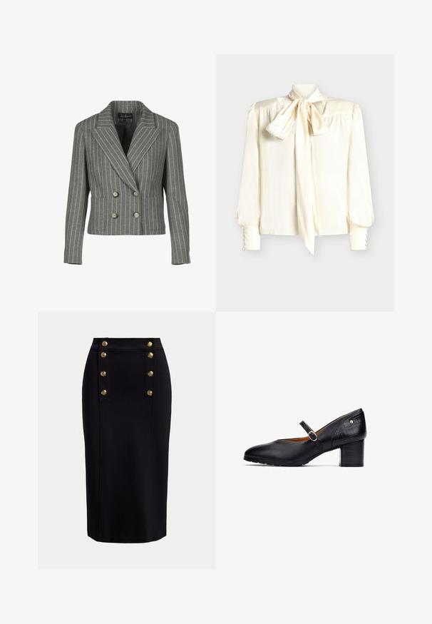 Grå dobbeltbrystet blazer i en pinstripe-mønster, med en notch krave, to frontlommer og sølvknapper.; Flødefarvet bluse med sløjfehals, lange ærmer med knapdetaljer ved manchetterne og en glat, skinnende tekstur.; Sort knælang pencilskirt med front lodret panel og to rækker af seks gyldne dekorative knapper.; Sorte læder Mary Jane sko med rund tå, ankelrem med en rund spænde og en mid-høj træblok hæl. Teksturerede detaljer på hælen.