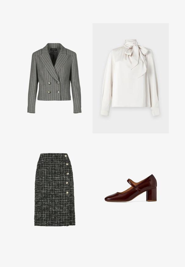 Grå dobbeltbrystet blazer i en pinstripe-mønster, med en notch krave, to frontlommer og sølvknapper.; Lys beige bluse med lange ærmer, høj krave og en stor sløjfe ved halsen. Glat tekstur og let løs pasform.; Sort og hvid tweed-nederdel med lige snit, der har fem dekorative guldtonede knapper langs venstre side. Struktureret tekstur.; Bordeaux laklæder Mary Jane sko med firkantet tå, justerbar rem og kraftig firkantet hæl. Glat tekstur og poleret finish.