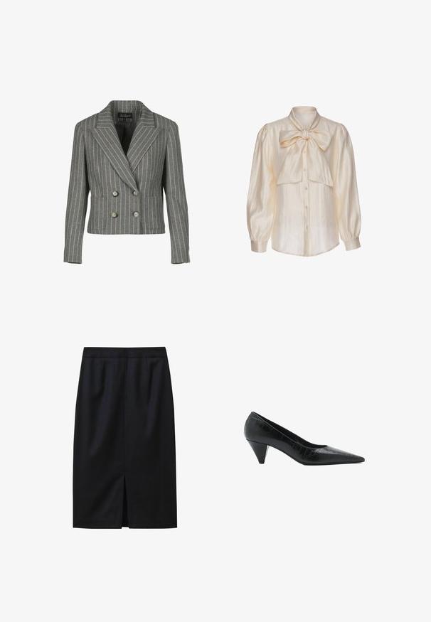Grå dobbeltbrystet blazer i en pinstripe-mønster, med en notch krave, to frontlommer og sølvknapper.; Kremfarvet satinbluse med lange pufærmer, knapper foran og en stor bundet sløjfe ved kraven.; Sort knælang pencilskørt med et tekstureret mønster, tætsiddende talje og en midterslids ved kanten. Glat stoffinish.; Sort læderpumpe med krokodillestruktur, spids tå og en medium kegle hæl. Glat finish med en elegant silhuet.