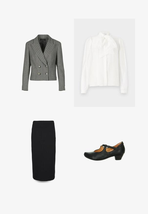 Grå dobbeltbrystet blazer i en pinstripe-mønster, med en notch krave, to frontlommer og sølvknapper.; Hvid bluse med høj krave, bånddetalje, lange ærmer med knapmanchetter og et struktureret, stribet stof.; Sort blyantskirt med en tætsiddende design. Fremstillet af tekstureret stof, har det en glat talje og en knælang kant med en central søm detalje.; Sort lædersko med rund tå, lav blokhæl og justerbar rem over vristen. Har et udskæringsdesign for åndbarhed.