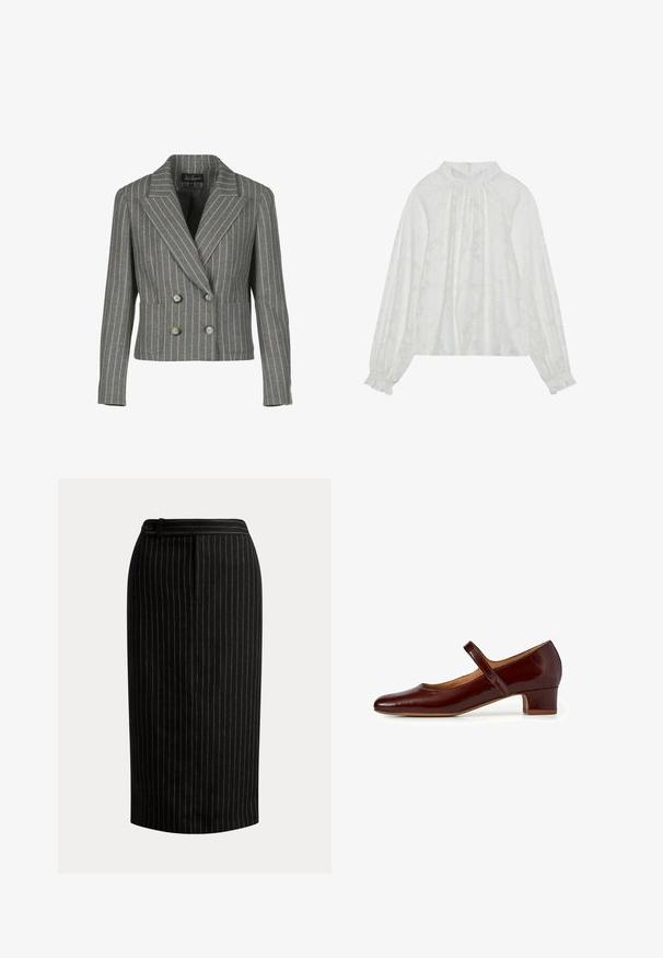 Grå dobbeltbrystet blazer i en pinstripe-mønster, med en notch krave, to frontlommer og sølvknapper.; Hvid langærmet bluse med et tekstureret blomstermønster, elastisk halsudskæring og elastiske manchetter. Blød, letvægts stof.; Sort knælængde blyantnederdel med tynde lodrette hvide nålestriber og en detaljeret linning med knapper.; Mary Jane sko i dyb burgundy patentlæder, med en afrundet tå, en lav blokhæl og en justerbar rem over vristen.