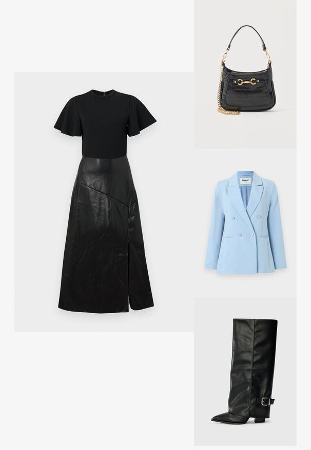 Blazer bleu clair croisé avec des boutons argentés, des revers crantés et deux poches passepoilées à l'avant.; Robe noire avec des manches courtes flottantes, un corsage ajusté et une longue jupe en simili cuir avec une couture asymétrique et une fente à l'avant.; Bottes noires en cuir longueur cheville avec un bout pointu, texture lisse et une accent en boucle argentée sur le côté. Talon carré épais.; Sac à main en cuir verni noir avec détail mors doré, petite bandoulière en cuir et chaîne dorée amovible sur fond blanc.
