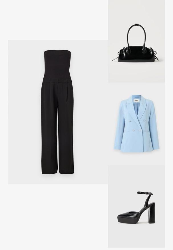 Blazer bleu clair croisé avec des boutons argentés, des revers crantés et deux poches passepoilées à l'avant.; Combinaison noire sans bretelles avec un corsage côtelé ajusté et un pantalon tailleur à jambes larges.; Escarpins noirs à plateforme avec un bout pointu et une sangle réglable à la cheville. Conçus en cuir lisse, avec un large talon bloc.; Petit sac à main noir brillant avec deux longues anses et des détails à cordon sur les côtés sur un fond clair uni.
