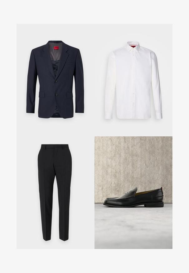Blazer navy de tela suave con un diseño de un solo botón, dos bolsillos frontales y botones negros. Etiqueta de marca roja en el interior.; Camisa blanca de manga larga hecha de algodón, con un collar clásico, placket frontal con botones y una textura suave. Detalle interior del collar en rojo.; Pantalones negros con un diseño a medida, con frente plano, detalles de pliegue y un corte ajustado. Fabricados con una tela suave para un aspecto refinado.; Mocasín de cuero negro para hombre con empeine grabado en relieve de cocodrilo y tacón bajo, mostrado de perfil sobre un fondo neutro.