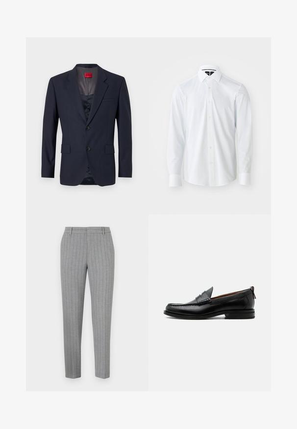 Blazer navy de tela suave con un diseño de un solo botón, dos bolsillos frontales y botones negros. Etiqueta de marca roja en el interior.; Camisa blanca de manga larga con cuello estructurado, que presenta un sutil patrón texturizado, cierre de botones y dobladillo redondeado.; Pantalones a rayas grises con un ajuste entallado, frente plano y bolsillos laterales. Fabricados con una tela suave y un brillo sutil.; Mocasín de hombre de piel negra con costura moc toe, tira penny, cuello texturizado y tacón bajo apilado sobre fondo blanco.