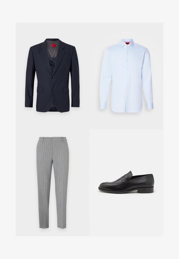Marinblazer lavet af glat stof med enkelt brystdesign, to frontlommer og sorte knapper. Rød mærkeindlæg indeni.; Lyseblå langærmet skjorte med knapper, spredt krave, rund kant og hvide knapper. Glat stof med en subtil glans.; Grå bukser med tynde striber, skræddersyet pasform, flad front og sidelommer. Fremstillet af et glat stof med en subtil glans.; Sorte læder loafers med rund tå og subtile syninger. Glat tekstur og lav hæl med branding på bagsiden.