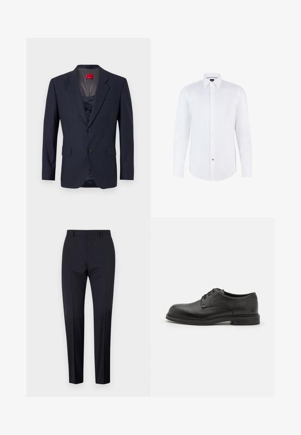 Blazer navy de tela suave con un diseño de un solo botón, dos bolsillos frontales y botones negros. Etiqueta de marca roja en el interior.; Camisa blanca de manga larga hecha de una tela suave, con cierre de botones en la parte delantera, cuello puntiagudo y dobladillo curvado. Acento notable de botón de marca.; Pantalones de traje en color navy, de tiro plano, corte slim, con trabillas para cinturón y bolsillos laterales. Tejido suave con un acabado nítido, sin patrones ni acentos visibles.; Emporio Armani LACED SHOE - Zapatos de vestir - nero