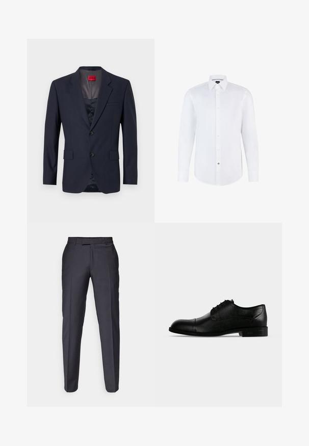 Blazer navy de tela suave con un diseño de un solo botón, dos bolsillos frontales y botones negros. Etiqueta de marca roja en el interior.; Camisa blanca de manga larga hecha de una tela suave, con cierre de botones en la parte delantera, cuello puntiagudo y dobladillo curvado. Acento notable de botón de marca.; Pantalones de vestir en gris oscuro con un diseño de pierna recta. Presentan una textura suave y pliegues frontales. Sin marcas ni adornos visibles.; Zapato masculino formal oxford de piel negra con cordones cerrados, puntera con tapa y tacón bajo apilado, mostrado desde el lado exterior.