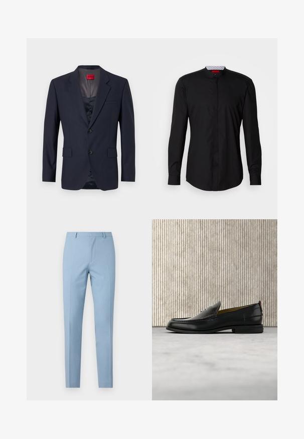 Blazer navy de tela suave con un diseño de un solo botón, dos bolsillos frontales y botones negros. Etiqueta de marca roja en el interior.; Camisa negra de manga larga con cuello mandarín, confeccionada en una tela suave, con cierre de botones en la parte delantera y detalles de diseño sutiles.; Pantalones azul claro a medida con un corte ajustado, textura suave, pliegue al frente, cintura ajustada y lazos para cinturón. Sin bolsillos visibles.; Mocasín de cuero negro para hombre con empeine grabado en relieve de cocodrilo y tacón bajo, mostrado de perfil sobre un fondo neutro.