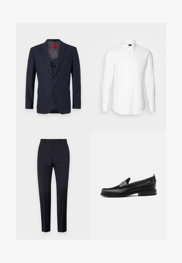 Blazer marine en tissu lisse avec un design à boutonnage simple, deux poches avant et des boutons noirs. Étiquette de marque rouge à l'intérieur.; Chemise blanche à manches longues, boutonnée sur le devant, col classique, fabriquée en tissu lisse avec une texture subtile, conçue pour une coupe ajustée.; Pantalon ajusté bleu marine, à devant plat, slim fit, avec passants de ceinture et poches latérales. Tissu lisse avec une finition nette, sans motifs ni accents visibles.; Mocassin en cuir noir avec détail de bride grise, talon bas et semelle texturée, marqué "HUGO" en or sur le côté.