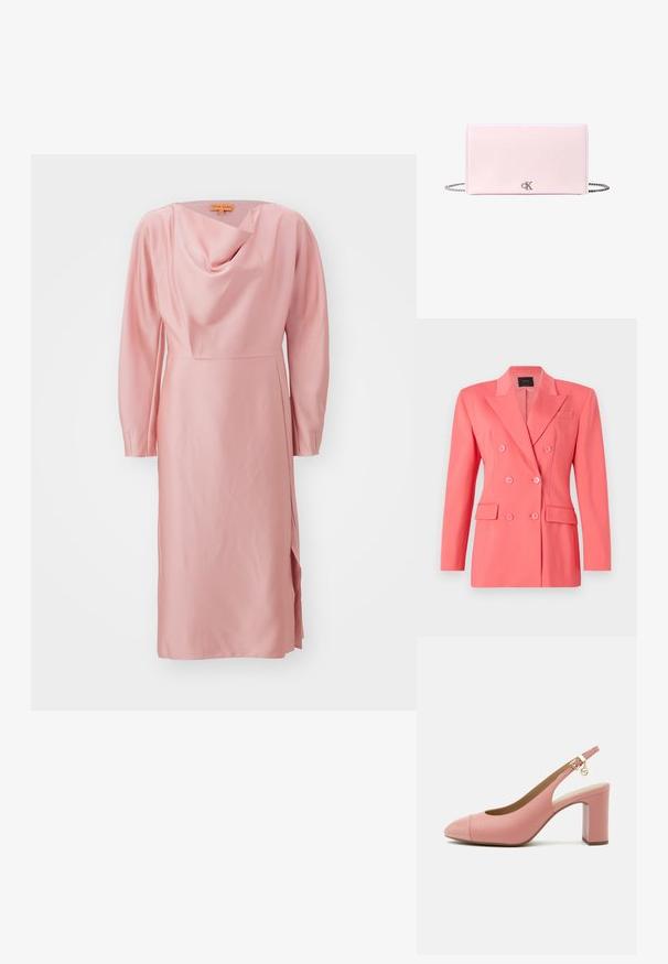 Koralfarvet dobbeltbrystet blazer med en struktureret design, nøgleklippede revers og to forlommer. Fremstillet af glat, letvægtsstof.; Lyserød satin kjole med lange ærmer, draperet cowl-udskæring og sideslids. Glat tekstur; falder til midt på læggen med en tætsiddende silhuet.; Lyserød læder slingback-pumpe med blokhæl, spids tå, ankelrem med guldbeklædt spænde og lille hængende charme.; Lyserød rektangulær læderclutch med sølvkæde og lille sølvfarvet CK-logo midt på forsiden.