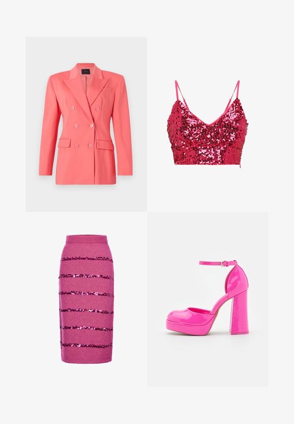 Koralfarvet dobbeltbrystet blazer med en struktureret design, nøgleklippede revers og to forlommer. Fremstillet af glat, letvægtsstof.; Lyserød, palietbelagt bralette med tynde stropper. Har en V-formet halsudskæring, pyntet med skinnende røde og pink palietter, der dækker hele stoffet.; Pink knælang blyantsnederdel med horisontale rækker af mørkerøde palietter og en tætsiddende talje.; Call it Spring ANABELLE - Plateaupumps - dark pink