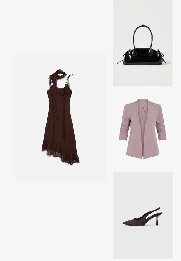 Blazer de lavanda claro con un diseño entallado, mangas rizadas de tres cuartos y un frente abierto. Tela suave y silueta minimalista.; Vestido marrón oscuro sin mangas con finas tiras para atar, detalle fruncido en la parte superior y el dobladillo, y una falda asimétrica con una bufanda a juego.; Zapato de tacón con tira trasera en tela color púrpura oscuro. Diseño de punta rematada, laterales abiertos y tacón delgado de forma cuadrada. Textura suave.; Pequeño bolso negro brillante con dos asas largas y detalles de cordón lateral sobre un fondo claro liso.