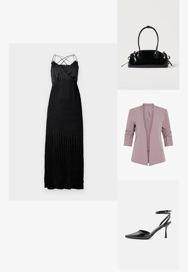 Heller lavendelfarbener Blazer mit tailliertem Design, dreiviertel-langen gerafften Ärmeln und offenem Vorderteil. Glattes Material und minimalistisches Silhouette.; Schwarzes Maxi-Kleid mit plissierter Textur. Verfügt über einen tiefen V-Ausschnitt und gekreuzte Spaghettiträger. Glattes, seidenartiges Material mit fließendem Design.; Schwarzer spitzer High Heel mit dünnen Knöchelriemen und silberner Schnalle auf einfachem hellem Hintergrund.; Kleine schwarze glänzende Handtasche mit zwei langen Griffen und seitlichen Kordelzug-Details vor einfachem hellem Hintergrund.