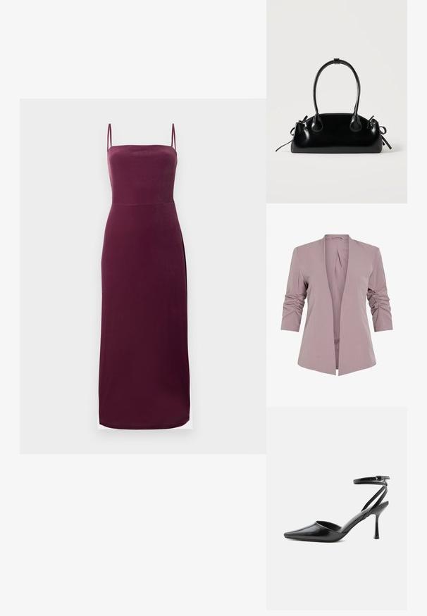 Licht lavendelkleurige blazer met een getailleerd ontwerp, driekwart uitgerimpelde mouwen en een open voorkant. Gladde stof en minimalistische silhouet.; Mouwloze, tot op de grond reikende diepe paarse jurk met dunne spaghettibandjes en een rechte halslijn.; Zwarte pumps met puntige neus, dunne enkelbandjes en een zilveren gesp op een effen lichte achtergrond.; Kleine zwarte glanzende handtas met twee lange hengsels en zijkant trekkoord details op een effen lichte achtergrond.