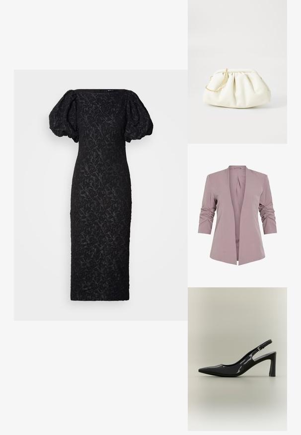 Heller lavendelfarbener Blazer mit tailliertem Design, dreiviertel-langen gerafften Ärmeln und offenem Vorderteil. Glattes Material und minimalistisches Silhouette.; Schwarzes Kleid mit Puffärmeln, das ein strukturiertes Blumenmuster aufweist. Das Design ist tailliert, hat eine gerade Silhouette und einen quadratischen Ausschnitt.; Schwarzer Lackleder Slingback-Pumps mit spitz zulaufender Kappe, mittelhohem Blockabsatz und verstellbarem Schnallenriemen.; Weiße Lederhandtasche mit einem gerafften Design, ausgestattet mit einem goldenen Kettenriemen und einer runden Form. Glatte Textur mit sanften Falten und ohne Muster.