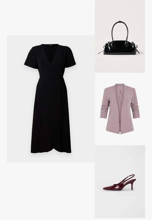 Heller lavendelfarbener Blazer mit tailliertem Design, dreiviertel-langen gerafften Ärmeln und offenem Vorderteil. Glattes Material und minimalistisches Silhouette.; Schwarzes Wickelkleid mit kurzen Ärmeln, V-Ausschnitt, Taillengurt und bodenlangem Rock. Glatter Stoff mit subtiler Textur.; Burgunderfarbene Lackleder Slingback-Absätze mit spitzem Zehenbereich und schlankem Absatz, ausgestattet mit Ausschnitten an den Seiten und einem geschwungenen Rückendesign.; Kleine schwarze glänzende Handtasche mit zwei langen Griffen und seitlichen Kordelzug-Details vor einfachem hellem Hintergrund.