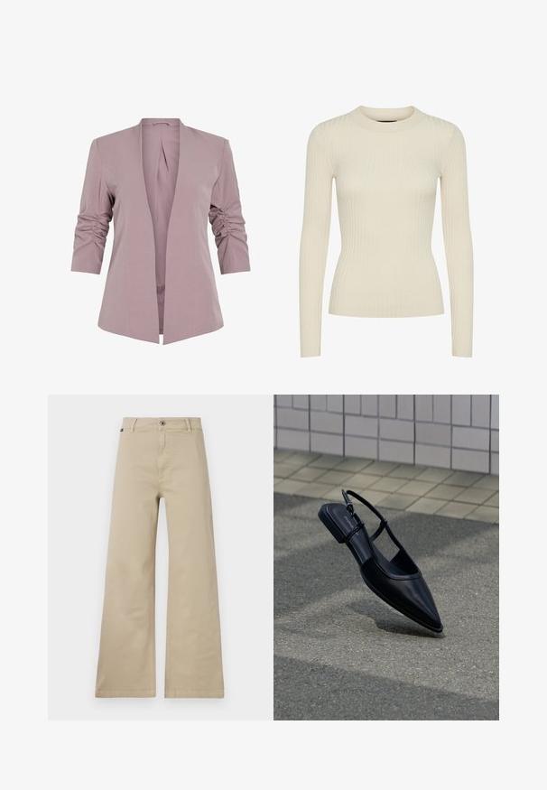 Blazer lavande clair au design ajusté, avec des manches trois quarts froncées et une ouverture à l'avant. Tissu lisse et silhouette minimaliste.; Haut à manches longues côtelé en blanc cassé, avec un col rond et une coupe ajustée, fabriqué à partir d'un tissu tricoté doux avec une texture subtile.; Pantalons larges beige en coton. Dotés d'une fermeture par bouton, de passants de ceinture et de poches latérales. Texture lisse et résistante avec un design classique.; Chaussure plate noire à bout pointu avec bride arrière, flottant au-dessus d'une surface en bitume à côté d'un trottoir carrelé.