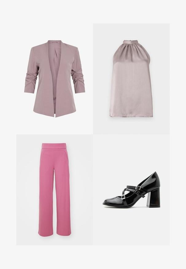 Licht lavendelkleurige blazer met een getailleerd ontwerp, driekwart uitgerimpelde mouwen en een open voorkant. Gladde stof en minimalistische silhouet.; Halternektop zonder mouwen in licht mauve satijn met geplooide details bij de halslijn en een gladde, licht reflecterende textuur.; Wijduitlopende broek in een effen roze kleur. Gemaakt van een gladde stof met een elastische tailleband en zijzakken. Geen zichtbare patronen of hardware.; Glanzende zwarte Mary Jane hoge hak schoen met drie gespsluitingbandjes en een stevige blokhak, zijaanzicht tegen een witte achtergrond.