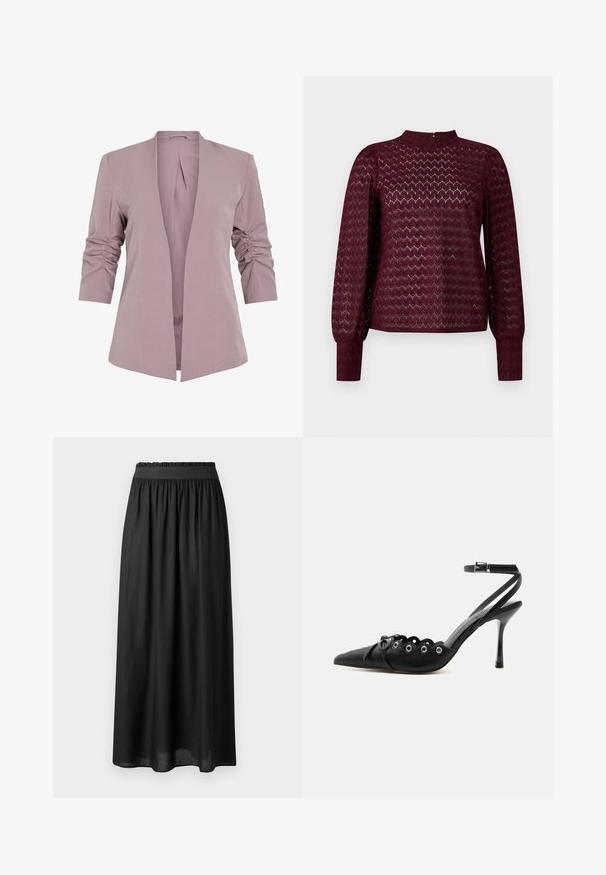 Licht lavendelkleurige blazer met een getailleerd ontwerp, driekwart uitgerimpelde mouwen en een open voorkant. Gladde stof en minimalistische silhouet.; Bordeaux lange mouw top met een hoge halslijn, met een getextureerd geometrisch patroon en gerimpelde schouders. Knopen detail aan de achterkant.; Zwarte mid-length rok van lichtgewicht stof, met een elastische tailleband en een vloeiende pasvorm met een gladde textuur.; Zwarte pumps met hoge hak en spitse neus, gegolfde randen, metalen oogjes, vetergespsluiting aan de voorzijde en enkelriem met gespsluiting.