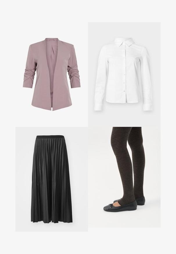 Lys lavendel blazer med skræddersyet design, trekvart ærmer med rynk, og åbent front. Glat stof og minimalistisk silhuet.; Hvid skjorte med lange ærmer, knapper, spids krave, lige kant og tætsiddende silhuet, vist på en ensartet lys baggrund.; Sort plisseret maxiskørt med en glat tekstur og elastisk talje, der har lodrette folder som skaber volumen og bevægelse.; Ben iført mørke ribbede leggings kombineret med sorte balletsko med små sløjfedetaljer på hvid baggrund.