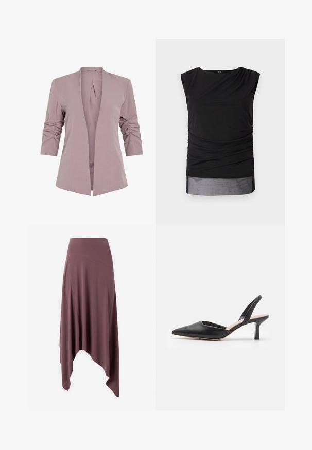 Licht lavendelkleurige blazer met een getailleerd ontwerp, driekwart uitgerimpelde mouwen en een open voorkant. Gladde stof en minimalistische silhouet.; Zwart mouwloos topje van rekbaar materiaal, met gathered zijkanten, een boot neckline en een doorschijnende onderboord.; Asymmetrische mauve midi-rok met hoge taille en vloeiende stofpanelen op witte achtergrond.; Zwarte leren slingback schoen met een spitse neus, een dunne hak en een schoon ontwerp, met een slanke silhouet en een gladde textuur.
