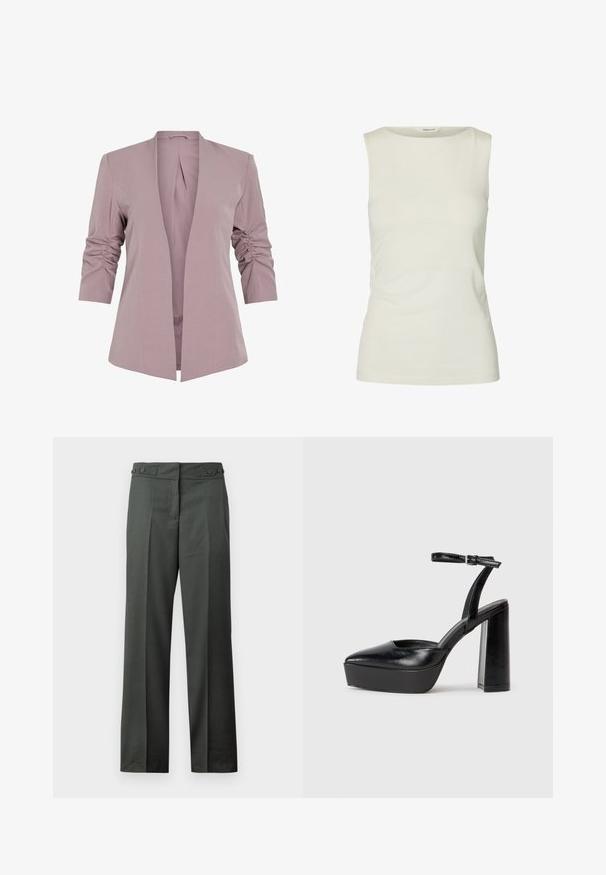 Blazer de lavanda claro con un diseño entallado, mangas rizadas de tres cuartos y un frente abierto. Tela suave y silueta minimalista.; Camiseta sin mangas blanca lisa con escote redondo, hecha de tela lisa, mostrada sobre un fondo blanco.; Pantalones rectos de color gris oscuro con pliegues delanteros y cintura ajustable con botones laterales sobre un fondo blanco.; Zapatos de tacón negro con punta afilada y correa ajustable en el tobillo. Confeccionados en cuero suave, presentan un tacón grueso.