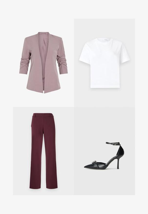 Svetlofialový blazer s prispôsobeným strihom, rukávmi po tri štvrtiny s nariasením a otvoreným predným dielom. Hladká tkanina a minimalistická silueta.; Jednoduché biele krátke bavlnené tričko s okrúhlym výstrihom a rovnou spodnou časťou, zobrazené na bielom pozadí.; Bordové nohavice s dizajnom na rovné nohy, vyrobené z hladkej látky, s plochým pásom a jemnými švovými detailmi.; Čierna kožená lodička na vysokom podpätku s špicatou špičkou, remienkom okolo členku a strieborným prackou. Hladká textura s elegantným siluetou.