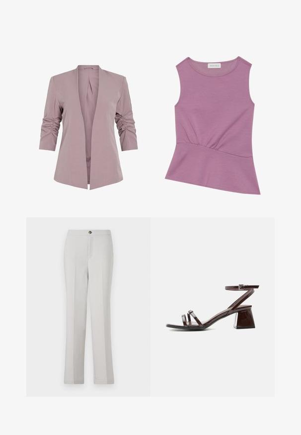 Svetlofialový blazer s prispôsobeným strihom, rukávmi po tri štvrtiny s nariasením a otvoreným predným dielom. Hladká tkanina a minimalistická silueta.; Halenka bez rukávov v lila farbe s okrúhlym výstrihom a zhromaždením v oblasti pásu, jemne sa rozširujúca na leme.; Svetlošedé nohavice rovného strihu vyrobené z hladkej tkaniny, s predným zapínaním na gombík, bočnými vreckami a prispôsobeným strihom.; Tmavohnedá sandále z laku s blokovým podpätkom, členkový remienok s prackou a dvoma tenkými remienkami cez prsty na bielom pozadí.