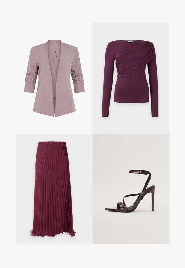 Heller lavendelfarbener Blazer mit tailliertem Design, dreiviertel-langen gerafften Ärmeln und offenem Vorderteil. Glattes Material und minimalistisches Silhouette.; Langärmliges Oberteil in tiefem Burgunderrot, aus weichem Stoff gefertigt. Verfügt über eine Raffung an der Vorderseite und einen runden Ausschnitt.; Langer, bordeauxfarbener, plissierter Rock aus leichtem Stoff mit elastischem Taillenbund und leicht gerafftem Saum. Strukturierte, vertikale Falten im gesamten Rock.; Bordeaux-farbenes Lackleder-High-Heel-Sandale mit einem Knöchelriemen, spitzem Zehenbereich und drei horizontalen Riemen über dem Fuß. Details mit goldfarbener Schnalle.
