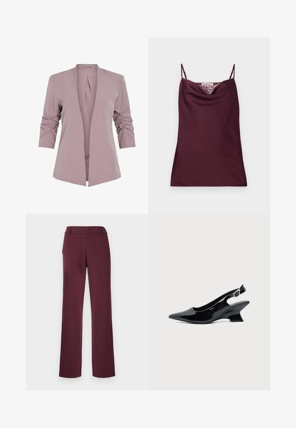 Licht lavendelkleurige blazer met een getailleerd ontwerp, driekwart uitgerimpelde mouwen en een open voorkant. Gladde stof en minimalistische silhouet.; Mouwloze diep bordeaux satijnen camisole top met dunne verstelbare bandjes en kantdetail langs de watervalhalslijn.; Bordeauxrode broek met een rechte pijp, gemaakt van een gladde stof, voorzien van een platte tailleband en subtiele stikdetails.; Zwarte lakleren slingback schoen met spitse neus en lage schuine blokhak op een effen lichte achtergrond.