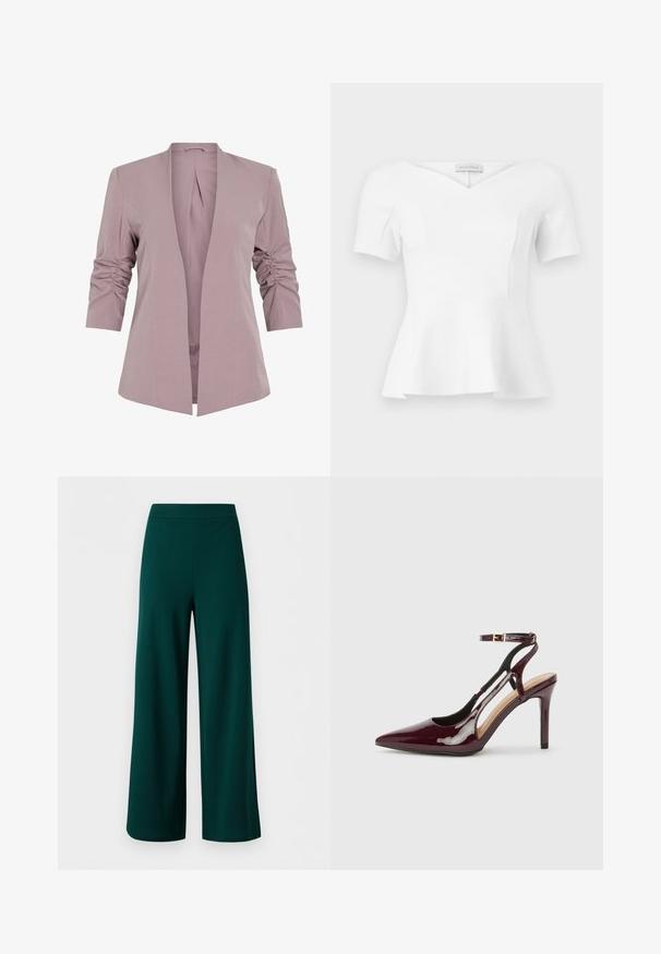 Lys lavendel blazer med skræddersyet design, trekvart ærmer med rynk, og åbent front. Glat stof og minimalistisk silhuet.; Hvid peplum-top med korte ærmer, hjertesnitsudskæring og figursyet talje, mærket "Anna Field" synligt indeni kraven.; Mørkegrønne bukser med vide ben og høj talje uden synlige lukninger, vist mod en ensartet lys baggrund.; Bordeaux patentlæder højhælede sko med spids tå, ankelrem og udskæringsdetaljer på siderne. Slank og glat finish.