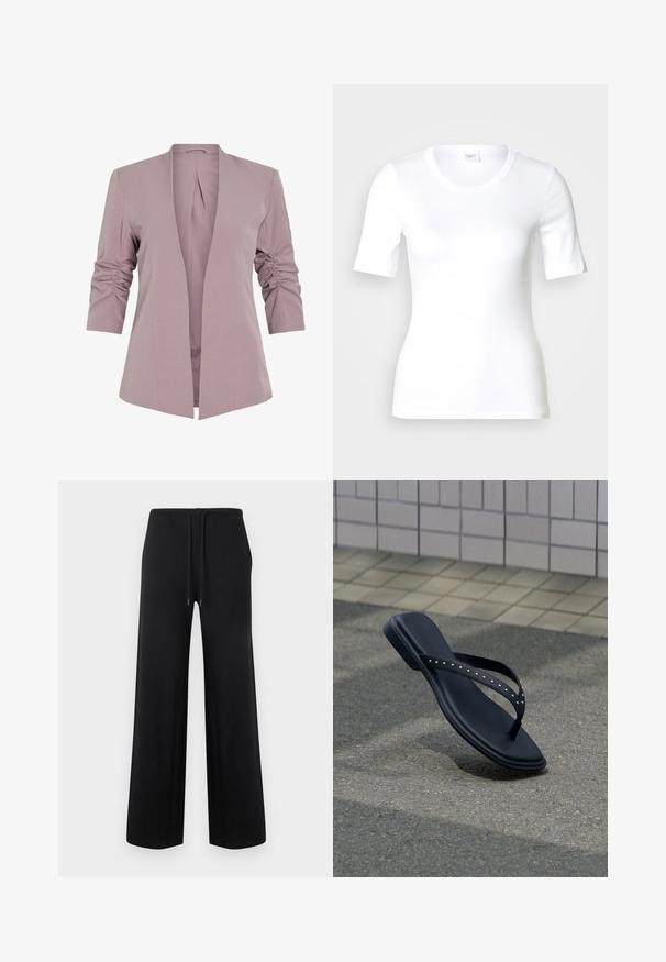Blazer lavande clair au design ajusté, avec des manches trois quarts froncées et une ouverture à l'avant. Tissu lisse et silhouette minimaliste.; T-shirt blanc à manches courtes en coton lisse, doté d'un col rond et d'une coupe ajustée. Design classique, sans motifs ni accents.; Pantalon large noir avec taille élastique et cordon de serrage, présenté à plat sur un fond clair uni.; Sandale noire de type tong avec des brides cloutées suspendue au-dessus du pavé en asphalte près du bord d’un mur carrelé.