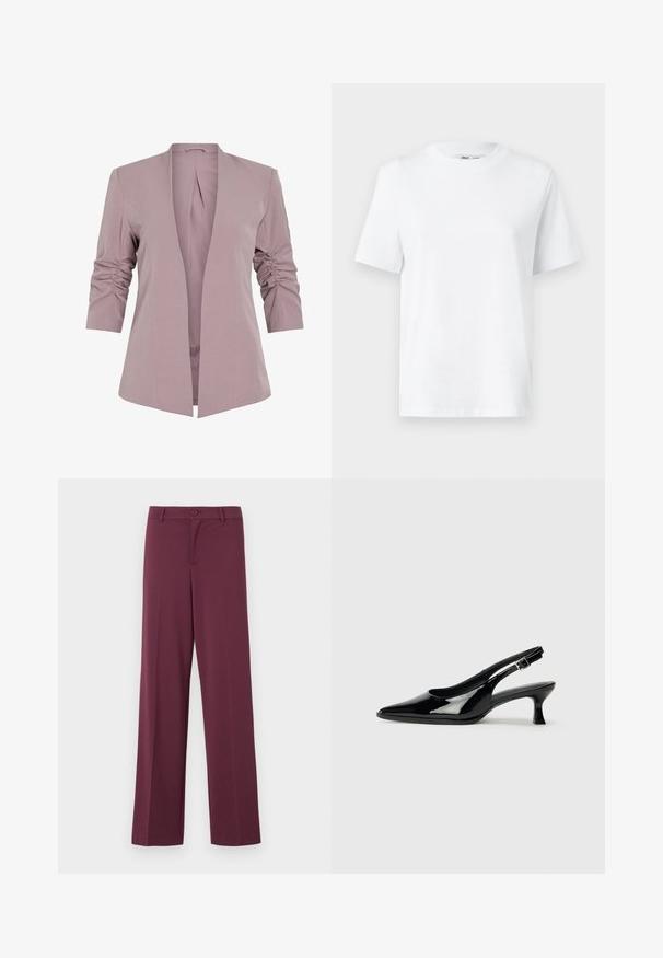 Lys lavendel blazer med skræddersyet design, trekvart ærmer med rynk, og åbent front. Glat stof og minimalistisk silhuet.; Hvid bomulds T-shirt med rund hals, kortærmet og en glat tekstur. Designet med en afslappet pasform for komfort og alsidighed.; Mørkerøde bukser med bred benvidde, lavet af glat stof. Har en knaplukning og klassiske lommer. Enkel design uden mønstre eller detaljer.; Sorte patenterede slingback-sko med spidse tæer og lav blokhæl. Justerbar spænde-rem ved anklen.