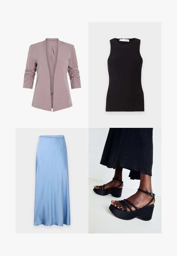 Lys lavendel blazer med skræddersyet design, trekvart ærmer med rynk, og åbent front. Glat stof og minimalistisk silhuet.; Sort ribbet tanktop med uden ærmer og rund hals. Lavet af et strækbart stof, har den en tætsiddende form og en glat overflade.; Lys blå satin midi nederdel med elastisk taljebånd, der har en glat tekstur og en let A-formet silhuet. Ingen synlige mønstre eller accenter.; Sorte kilehæle med flere tynde stropper, justerbar ankelspænde, tekstureret overflade og en afrundet hælform.