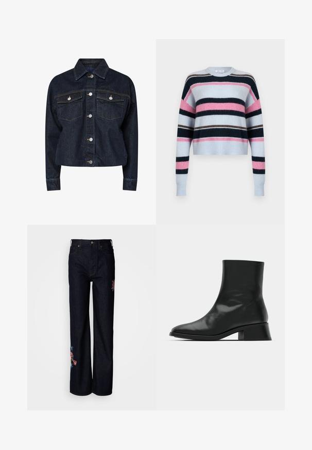 Chaqueta de mezclilla oscura con cuello, que presenta dos bolsillos en el pecho, botones a presión plateados y costuras amarillas en contraste. Silueta corta.; Suéter azul claro recortado con rayas horizontales en azul marino, rosa y marrón. Textura suave con puños y cuello acanalados.; Pantalones vaqueros de pierna ancha en denim oscuro, con bordados florales en rosa y azul en las piernas, con cierre estándar de botón y cremallera.; Botín negro de tobillo hecho de cuero brillante, con un diseño elegante, punta afilada y un tacón bloque moderado para mayor estabilidad.