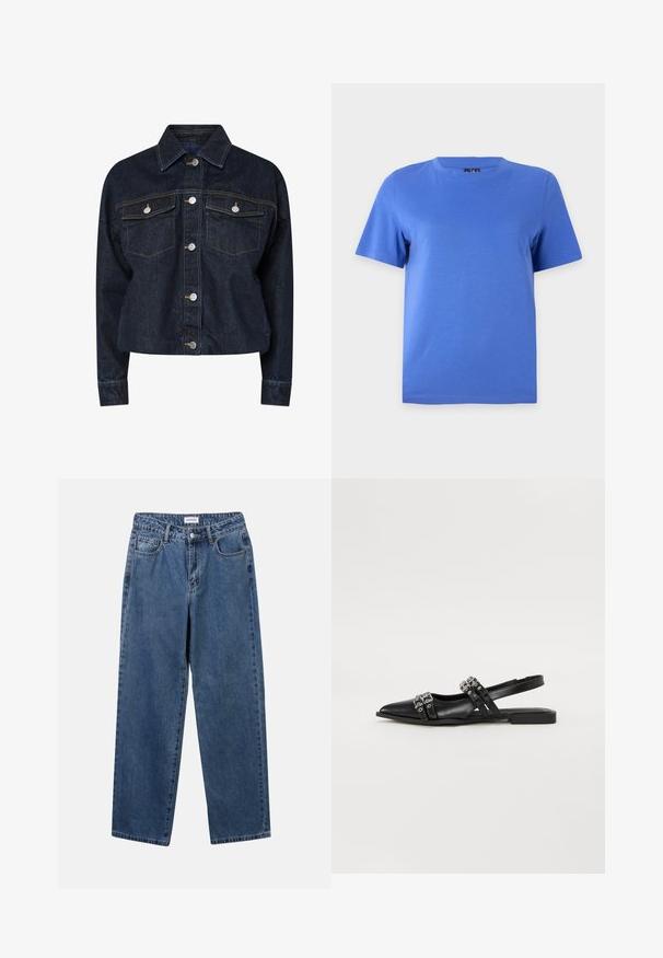Σκοτεινή τζιν ζακέτα με γιακά, διαθέτοντας δύο τσέπες στο στήθος, ασημένια κουμπιά με κλικ και αντίθετη κίτρινη ραφή. Κοντό σχήμα.; Μονόχρωμο μπλε t-shirt με κοντά μανίκια και στρογγυλή λαιμόκοψη, εμφανίζεται σε απλό ανοιχτό γκρι φόντο.; Κλασικό μπλε τζιν παντελόνι με ίσια γραμμή, πέντε τσέπες και κλείσιμο με κουμπί. Διαθέτει μεσαία πλύση και ανθεκτική υφή.; Even&Odd Μπαλαρίνες με λουράκι στον αστράγαλο - black