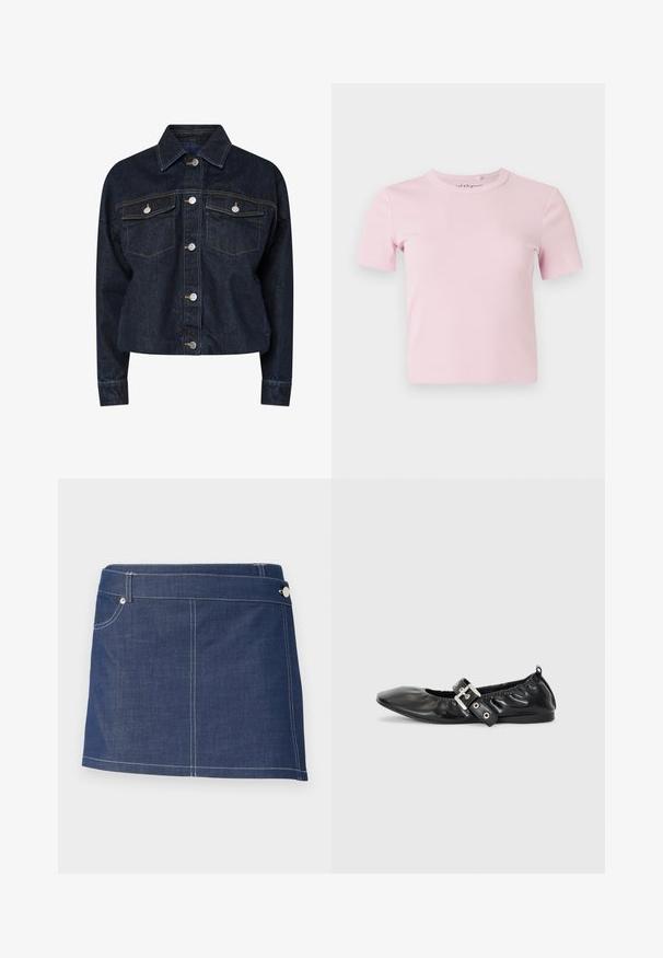 Chaqueta de mezclilla oscura con cuello, que presenta dos bolsillos en el pecho, botones a presión plateados y costuras amarillas en contraste. Silueta corta.; Camiseta de manga corta en rosa claro con tejido acanalado, cuello redondo y diseño ajustado. La tela tiene una textura suave y detalles mínimos.; Falda corta de mezclilla en azul oscuro con costuras blancas, que cuenta con un bolsillo delantero y un cierre de botón metálico en la cintura.; Zapato plano de piel negra con puntera afilada, detalle fruncido alrededor de la abertura y un acento de hebilla plateada en la correa ajustable.