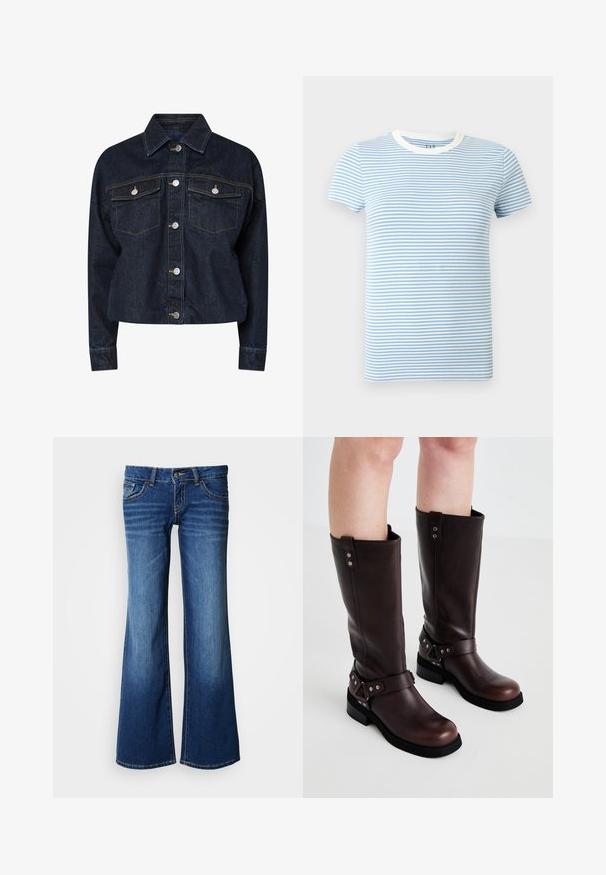 Donkerdenim jack met een kraag, voorzien van twee borstzakken, zilveren drukknoopjes en contrasterende gele stiksels. Luxe, cropped silhouet.; Korte mouwen T-shirt met lichtblauwe en witte horizontale strepen en een witte ronde halslijn.; Flared spijkerbroek in donkerblauw, met een klassiek ontwerp van vijf zakken, knoopsluiting en contrasterende stiknaden. Soepele textuur.; Bruine leren kniehoge laarzen met een gladde textuur, voorzien van een brede band en driehoekige hardware-accenten, met platte rubberen zolen.