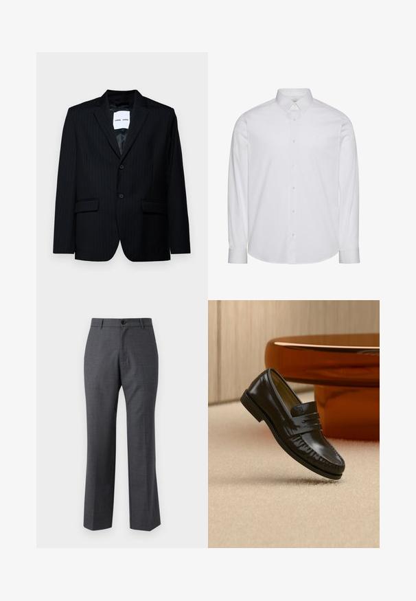 Blazer negro a rayas con un tejido suave, que presenta un solapa con muesca, cierre de dos botones y dos bolsillos frontales. El interior tiene un forro suave.; Camisa blanca de manga larga con botones, hecha de algodón. Presenta un cuello estándar, tapeta frontal con botones y dobladillo redondeado. Logo de la marca discreto.; Pantalones de vestir grises a medida, hechos de una tela tejida, con un diseño de pierna recta, frente plano y un cierre de botón único.; Mocasín de cuero negro brillante con detalle de correa, colocado sobre una alfombra beige cerca de una mesa de café redonda marrón en una habitación con iluminación suave.