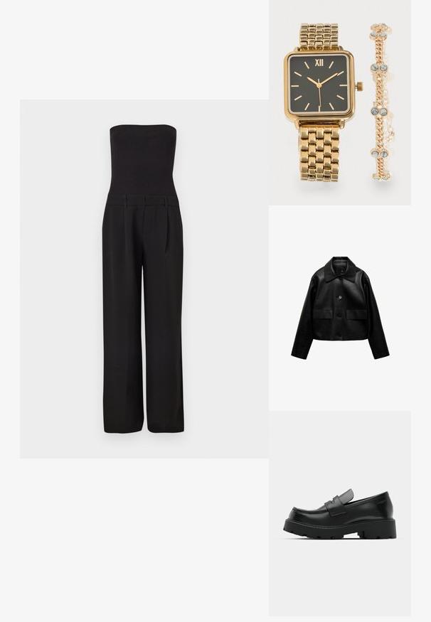 Mango Imitatieleren jas - black; Zwarte strapless jumpsuit met een aansluitend geribd lijfje en brede, op maat gemaakte broekspijpen.; Zwarte leren instappers met een chunky, gestructureerde zool, voorzien van een band over de voet en een gladde, gepolijste afwerking.; Gouden horloge met zwart vierkant wijzerplaat en gouden wijzers naast een gouden armband met ronde witte en grijze gemarmerde stenen.