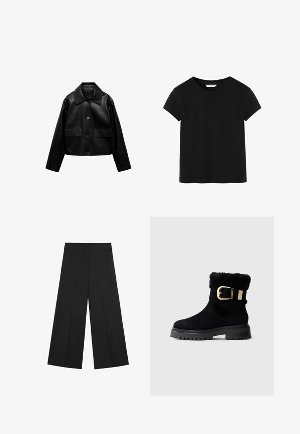 Mango Imiteret læderjakke - black; Ensfarvet sort t-shirt med korte ærmer og rund hals, med et mellemstort mærke, vist på hvid baggrund.; Sorte bukser med vidde i benene og elastisk taljebånd. Fremstillet af let stof med en glat tekstur og rent, minimalistisk design.; Sort ruskindsankelstøvle med tyk gummisål, foldet fårskindskant og stor guldspænde detalje.