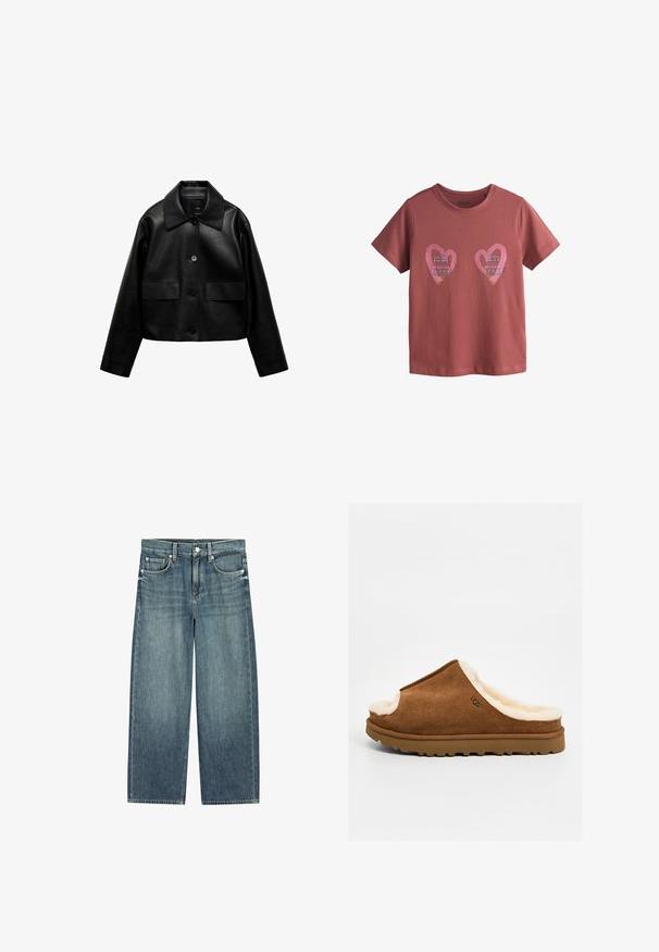 Mango Imitatieleren jas - black; Bordeauxkleurig katoenen T-shirt met twee roze hartvormen waarin blauwe en rode jurkdesigns zijn verwerkt. Rond halslijn en korte mouwen.; Blauwe denim wijde broekspijpen jeans met voorzijde knoop en rits, riemlussen en vijf zakken.; Bruine suède slide pantoffel met crèmekleurige fleece voering en een textuur rubberen zool, UGG-logo aan de zijkant.