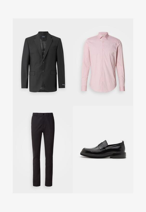 Blazer negro ajustado en una tela suave, de un solo botón con dos botones, presenta solapa de muesca, dos bolsillos frontales y un forro elegante.; Camisa de botones rosa claro con un sutil patrón de rayas, mangas largas, cuello extendido y dobladillo redondeado. Presenta botones de color crema.; Pantalones negros de pierna recta con botón frontal, trabillas para cinturón y bolsillos laterales, mostrados sobre un fondo blanco.; Calvin Klein MOCCASIN - Mocasines elegantes - black