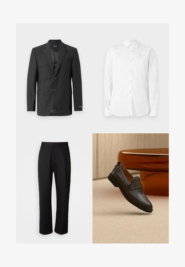 Zwarte op maat gemaakte blazer in een soepele stof, enkelvoudig met twee knopen, heeft een notch revers, twee voorzakken en een stijlvolle voering.; Witte blouse met lange mouwen en knopen, gemaakt van katoen. Heeft een puntige kraag en een klein geborduurd logo op de borst. Gladde textuur.; Zwarte broek met een rechte snit, gemaakt van lichtgewicht stof. Heeft een frontale knoopsluiting en twee zijzakken; gladde textuur.; Donkerbruine leren loafer met een lage hak zwevend boven een beige tapijt, naast een glanzende, afgeronde, amberkleurige tafel.