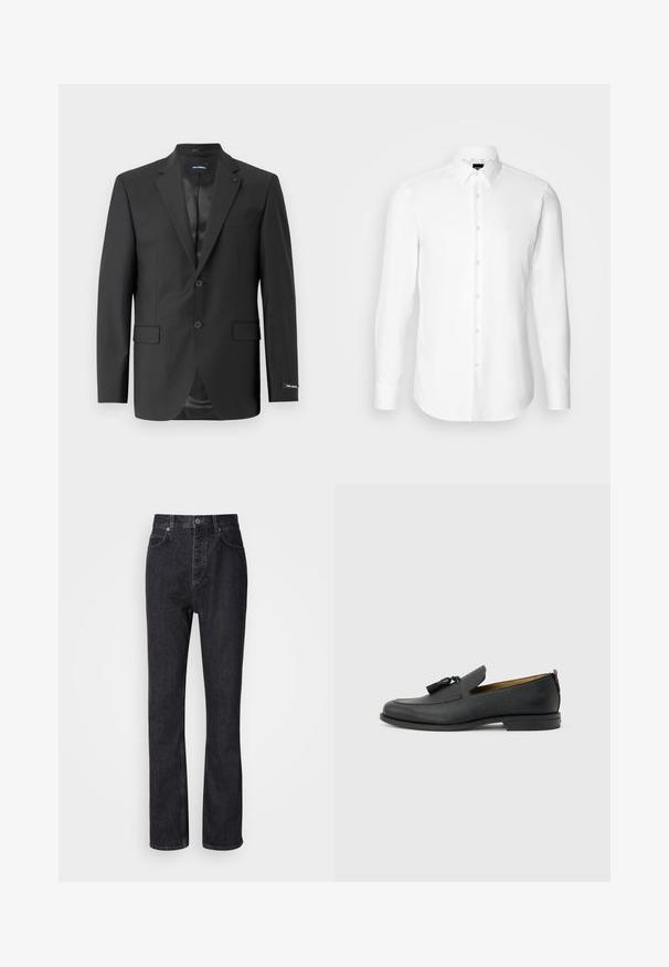 Blazer negro ajustado en una tela suave, de un solo botón con dos botones, presenta solapa de muesca, dos bolsillos frontales y un forro elegante.; Camisa blanca de manga larga, con cierre de botones en el frente, cuello clásico, confeccionada con una tela suave con una textura sutil, diseñada para un ajuste entallado.; Jeans de mezclilla negros de cintura alta con cierre de botón y cremallera, bolsillos frontales y traseros, y corte recto.; Mocasín negro de cuero para hombre con borlas, punta redonda, tacón bajo y pestaña para tirar en la parte trasera, mostrado de perfil lateral sobre un fondo gris claro.